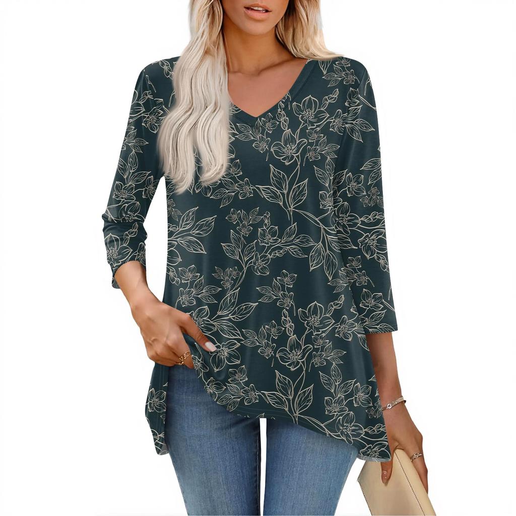 Dámské topy s výstřihem do V a 3/4 rukávem, ležérní košile střední délky, módní tuniky s potiskem