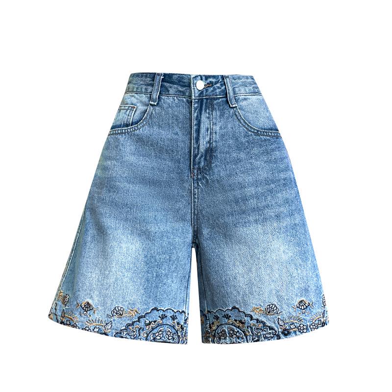 Women's Summer High-Waisted Embroidered Lace A-Line Denim Shorts - Loose Fit, Petite, Wide-Leg, Five-Point Design