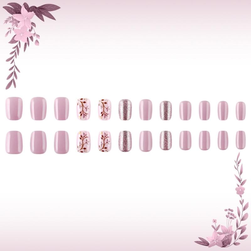 24 Pcs Short Square Press On Nail Purple Acrylic False Nail Glittering Artificial Nail Flowers Stick on Nail for Party