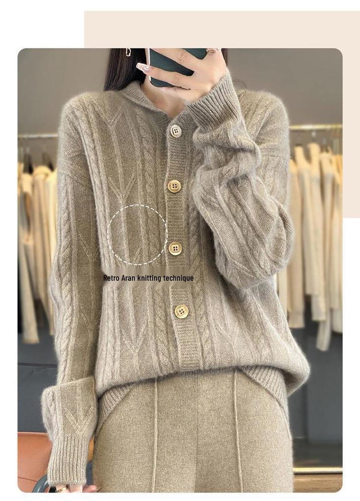 Women's Thick Woolen Cable Knit Cardigan with Lapel - Autumn/Winter Long Sleeve Cashmere Knitwear.