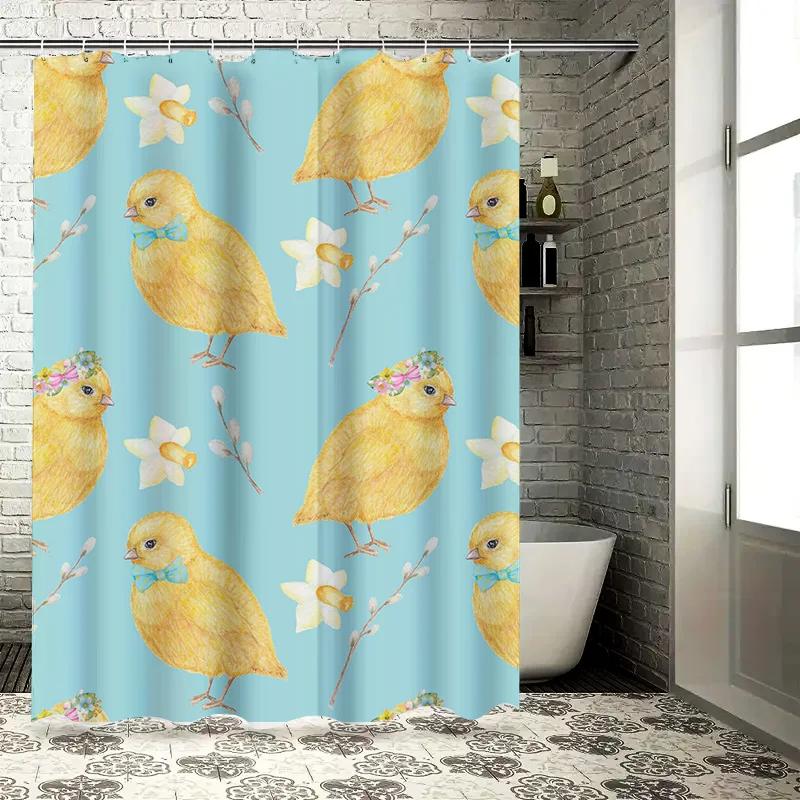 Charming Yellow Chicks Spring Flowers Shower Curtain Blue Print Decorative Home Bathroom Liner Set with Rod