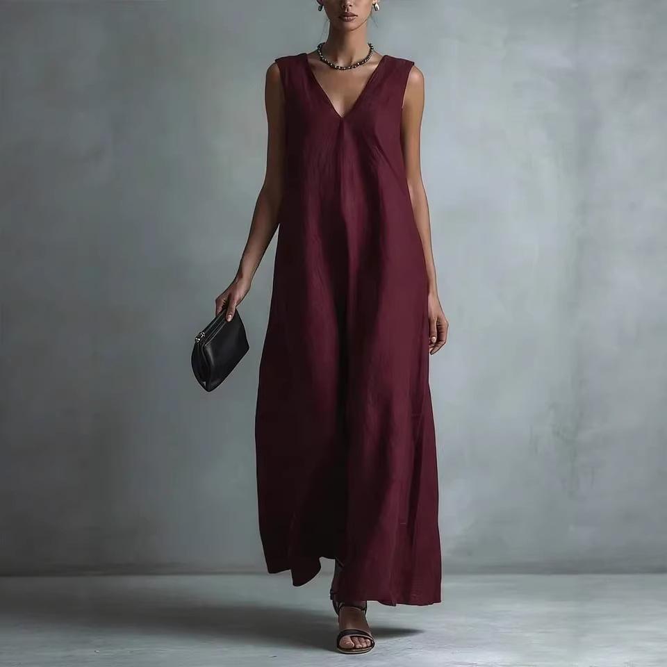Women s Casual V-neck Fashion Sleeveless Cotton Linen Dress L