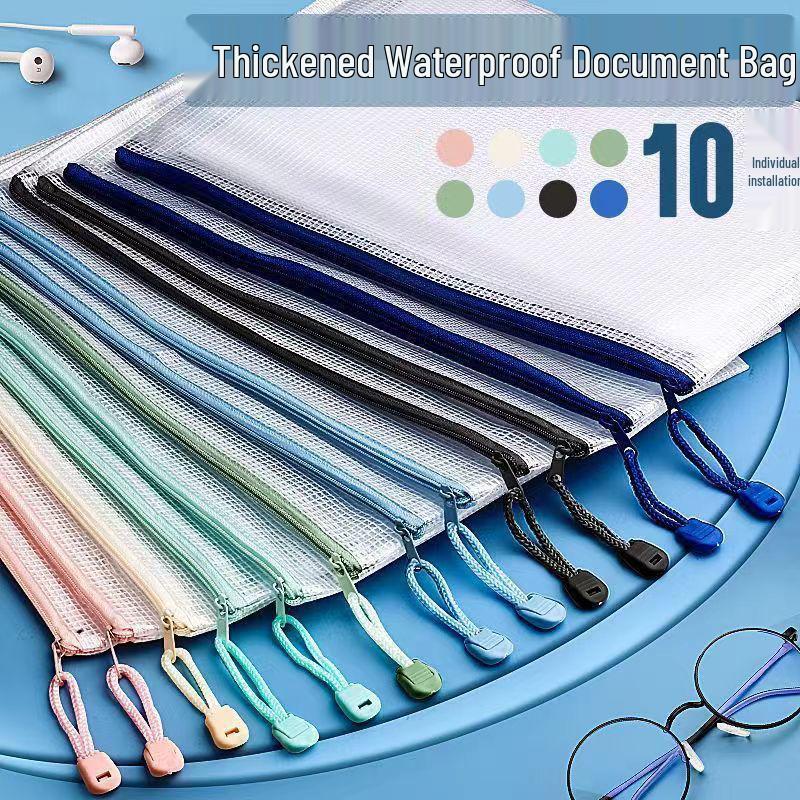 Thickened A4 Waterproof Document Bag with Zipper - Transparent Grid for Office, Test, Archives & Storage