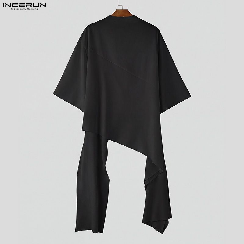 INCERUN Mens Vintage Ethnic Sets Solid Color Stand Collar Long Sleeve Irregular Tunic Top and Loose Pants Outfits