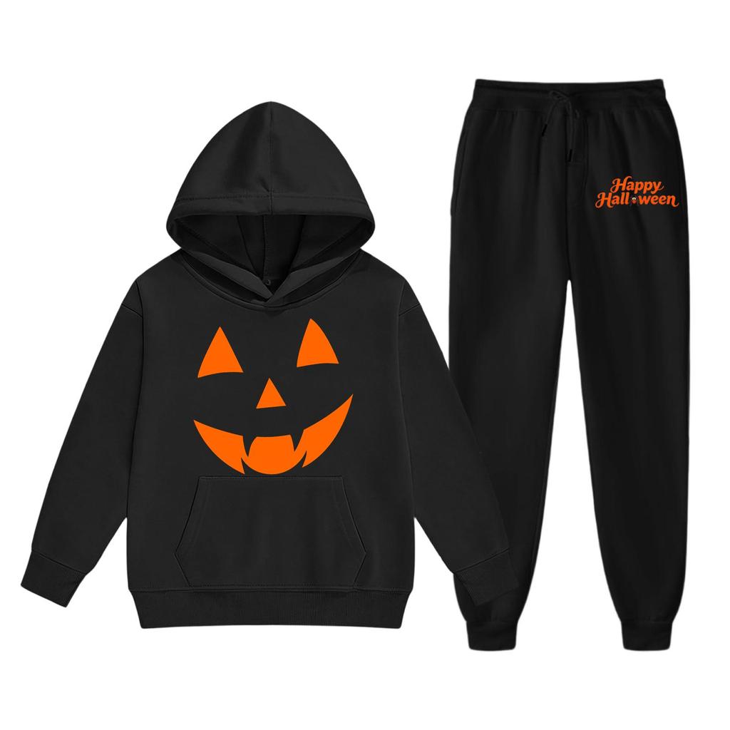 Kids Halloween Hoodie Set with Pumpkin Face Print Long Sleeve Pullover and Matching Pants Comfortable Fit Soft Fabric Suitable for Fall Season