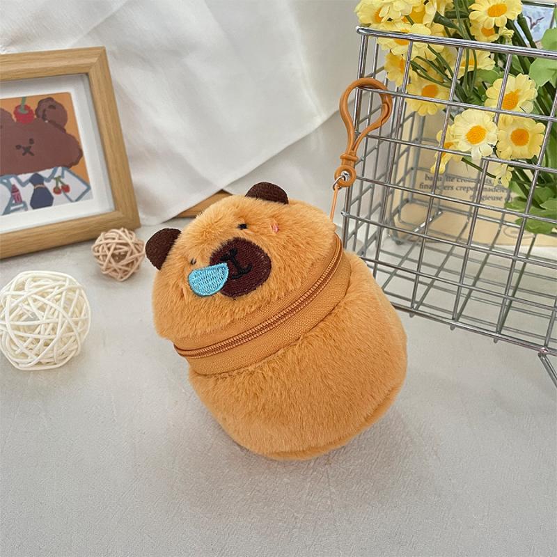 Cute Plush Capybara Zipper Coin Purse Cylindrical Wallet Earphones Lipstick Storage Bag Creative Plush Doll Pendant Girls