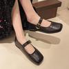2025 New French Style Square Head Black Slip-On Women's Shoes Summer Casual Flat Heel Mary Janes Mini Leather Shoes for Women