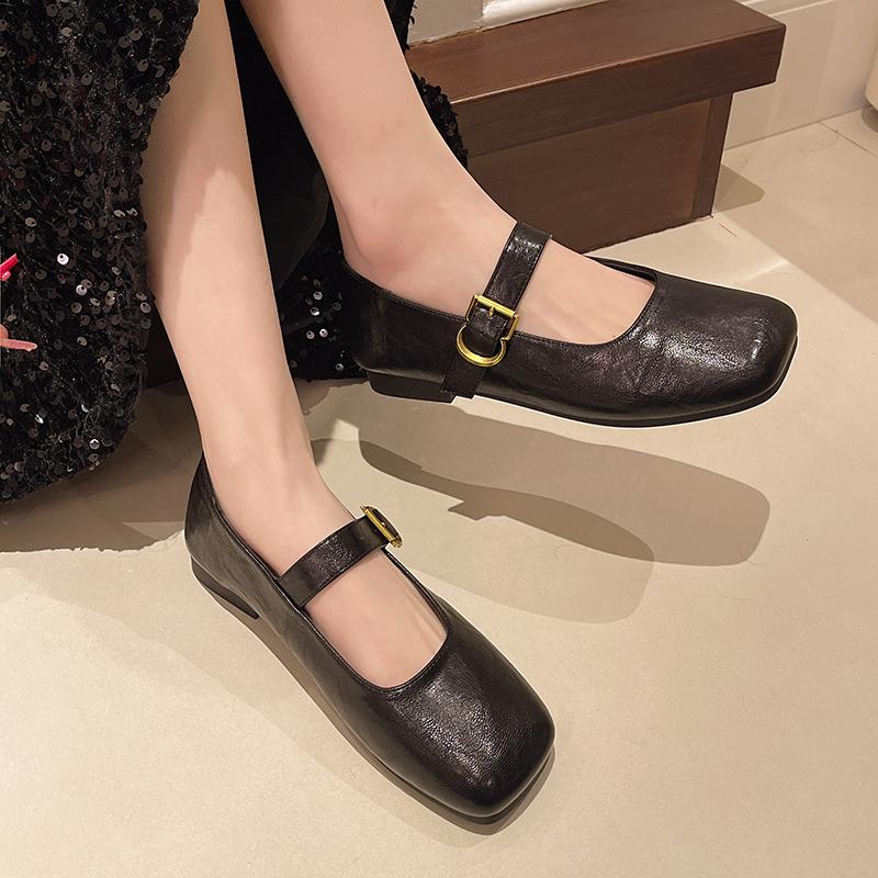 2025 New French Style Square Head Black Slip-On Women's Shoes Summer Casual Flat Heel Mary Janes Mini Leather Shoes for Women