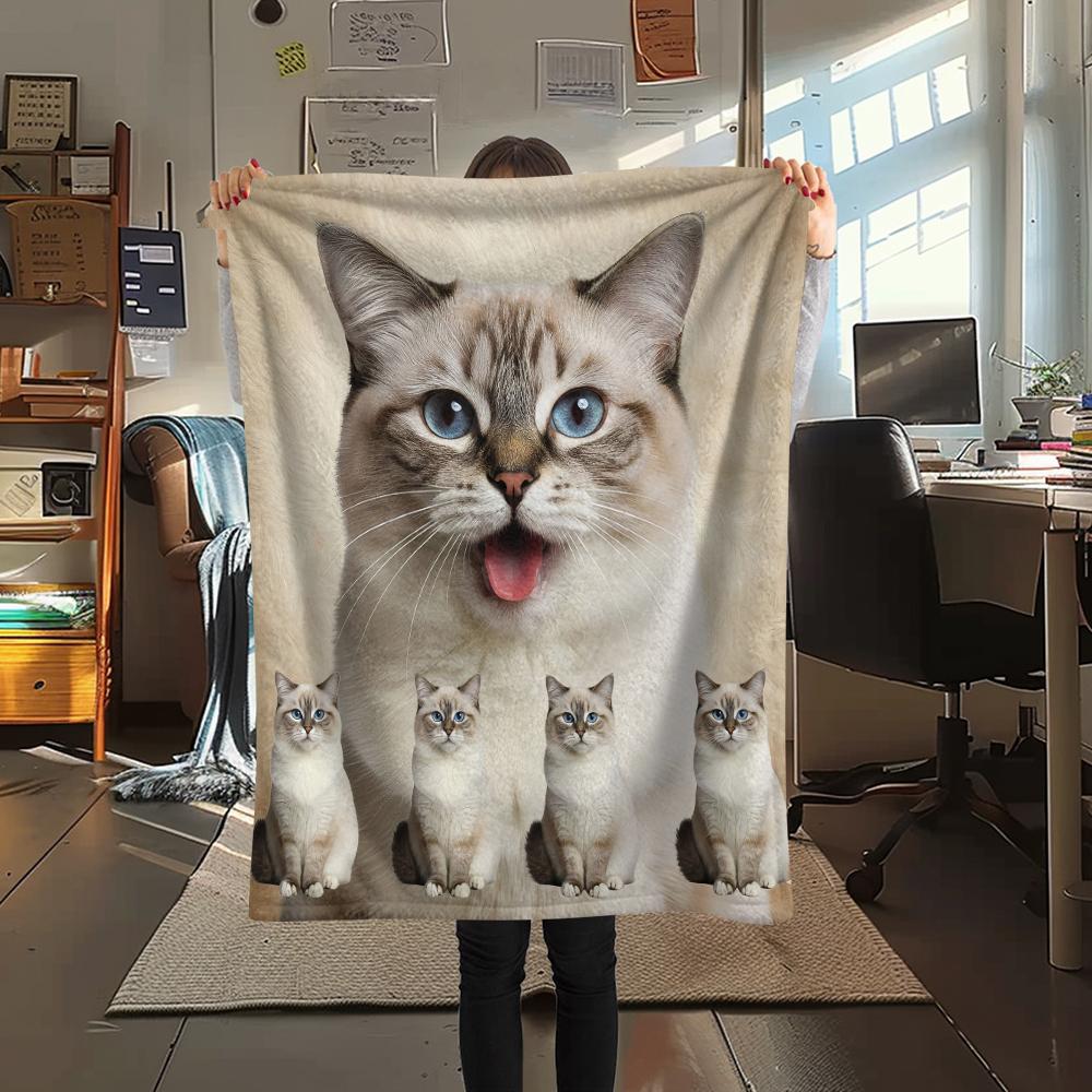 1Pc Lion Cat Himalayan Print Flannel Blanket, High quality Comfortable for All Seasons, Home Decor, Warmth and Comfort, Perfect for Gifts