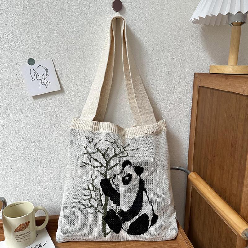 Bolsa Tote Nova com Padrão de Panda, Bolsa de Mão Versátil de Tricô, Bolsa de Praia Tecida, Bolsa de Ombro Vazada Tendência de Rua Para Mulheres