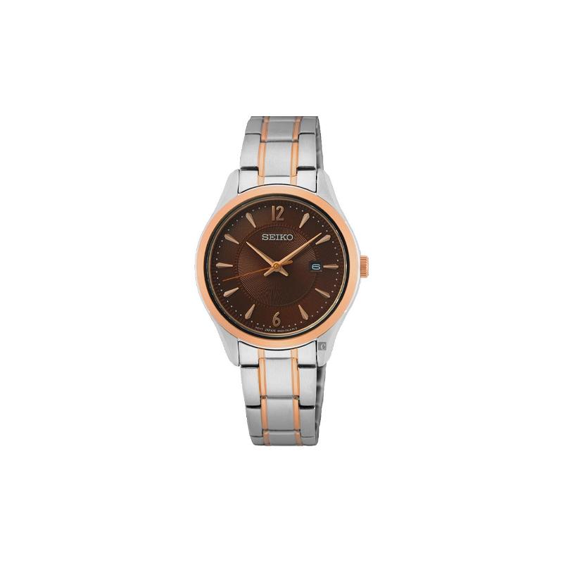 SEIKO 100 meters waterproof Quartz Steel Strap women s watch brown dial SUR476P1 синий