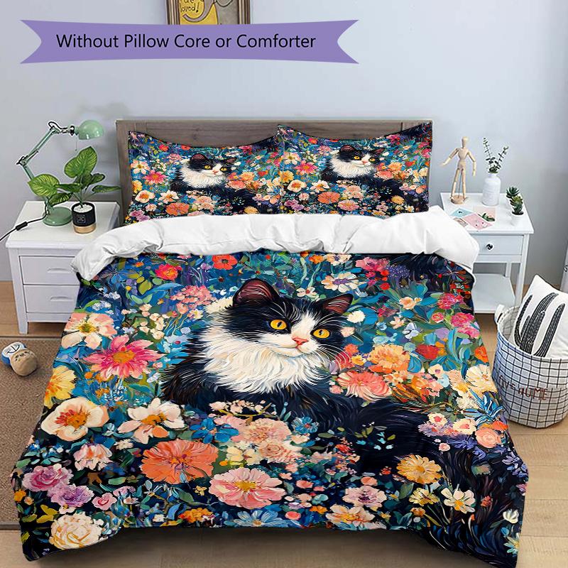 3pcs Colorful Garden Cat Print Cover Set Ultra Soft, Breathable, and Comfortable Bedding with Stylish Design for Bedroom and Guest Room Decor 1 C
