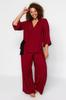 Women's Style Plus Size Claret Red Double Breasted Collar Tied Woven Pajama Set