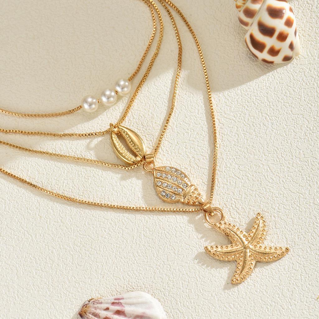 Shell Necklace European and American Jewelry Women's Ocean Holiday Necklace Conch Starfish Multilayer Stacked Collarbone Chain