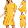 Women Casual Loose Color Solid Neck Patchwork Ruffle Sleeve Large Swing Dress
