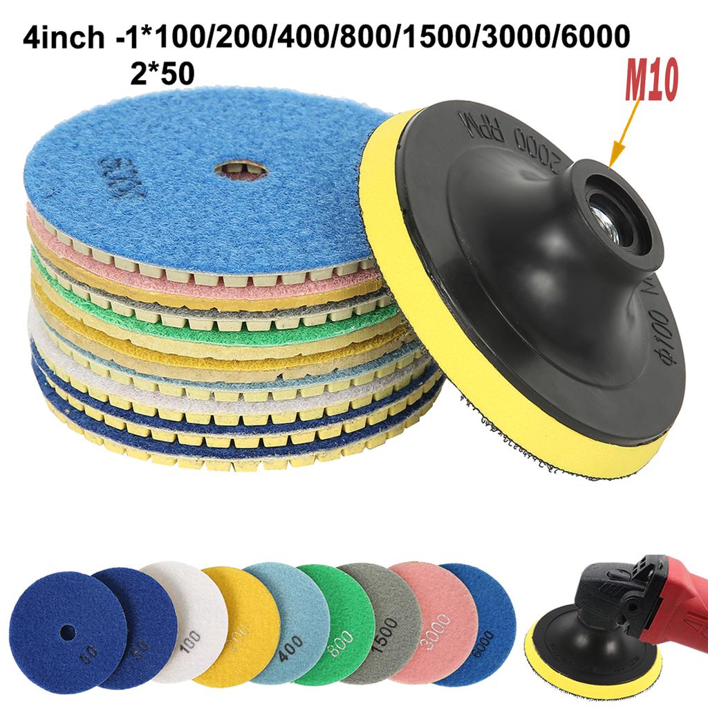 10-16pcs 4 inch Diamond Polishing Pads Kit Wet/Dry Buff Disc Abrasive Grinding Discs Set for Granite Concrete Glass Polishing