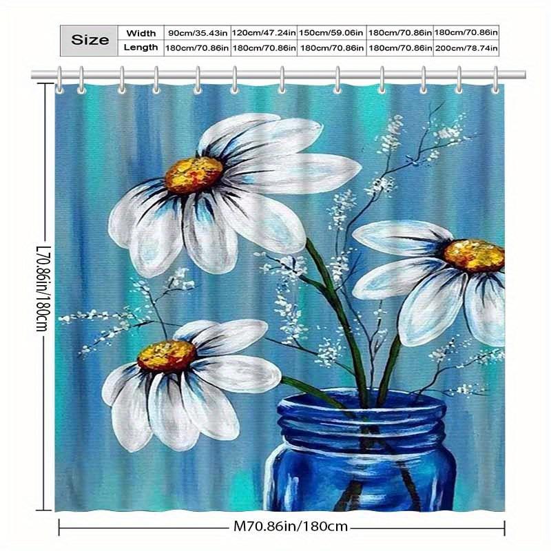 Blue Daisy Oil Painting Shower Curtain - Polyester, 12 Hooks, Machine Washable, Artistic Floral Design for Elegant Bathrooms