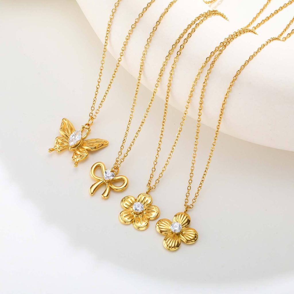 Wind Sweet Girl Stainless Steel Shiny Zircon Bow Flower Necklace Plated 18K Gold Nc-2380