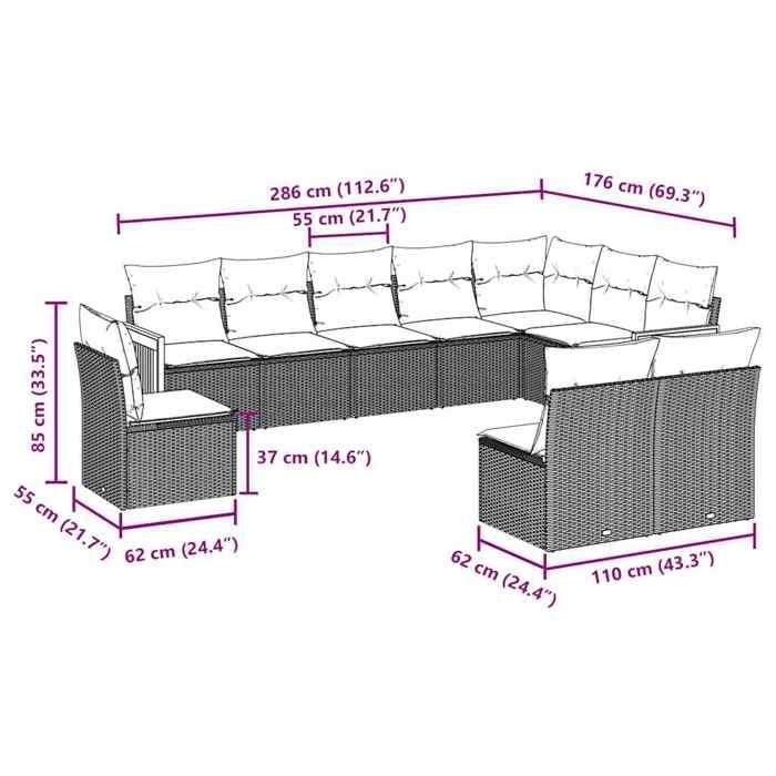 VidaXL Salon de Jardin avec Coussins 10 pcs, Canapés de Patio, Ensemble de Meubles, Mobilier de Terrasse Extérieur, Noir 3260151