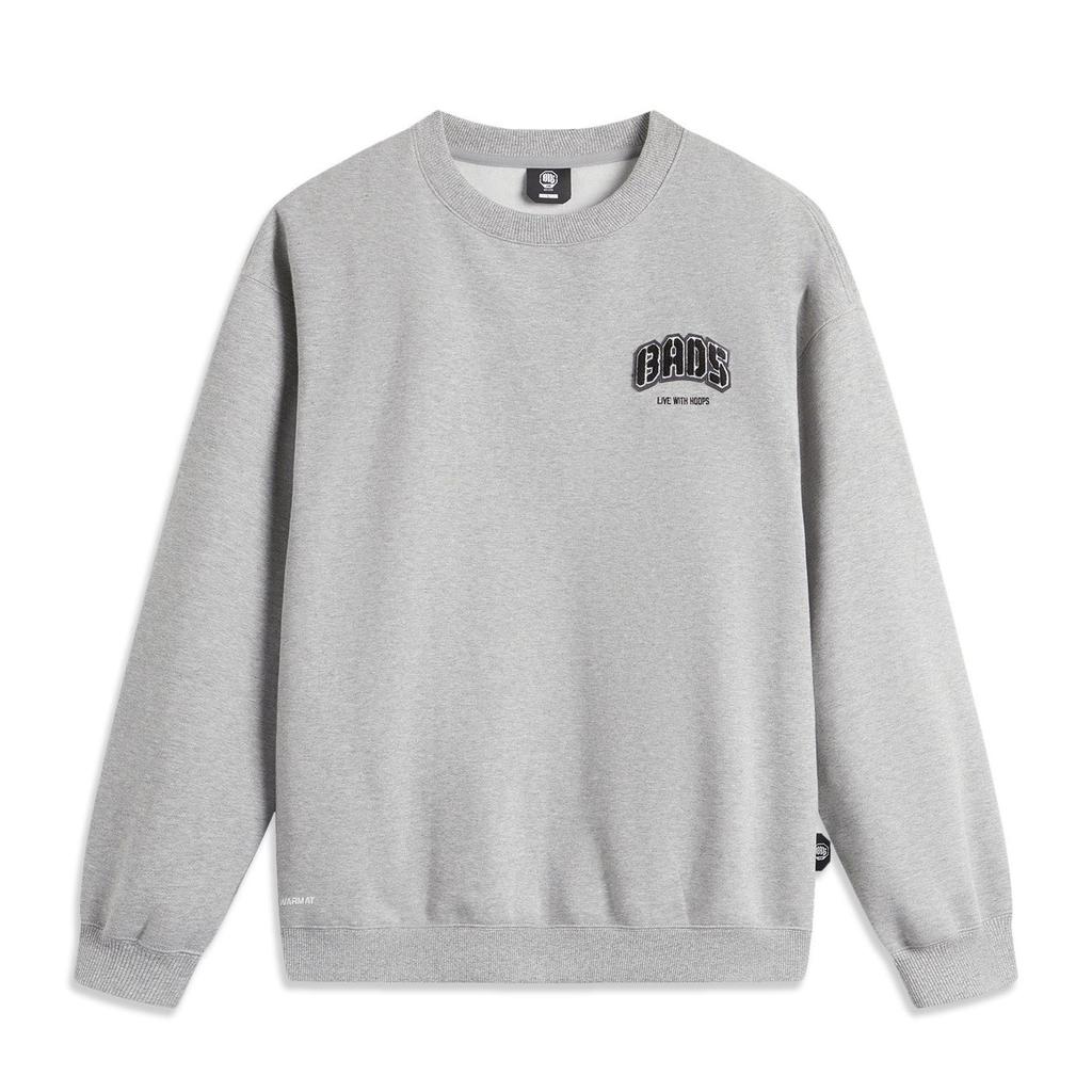 Li Ning Badfive Basketball Series Letter Round Neck Pullover Warm Fleece Sports Long Sleeve Sweatshirt Men sweatshirt Gray Mixed-Gray AWDU515-6