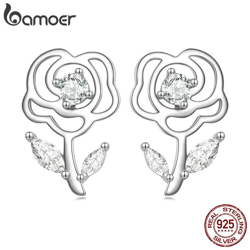 

Женские серьги BAMOER из стерлингового серебра 925 пробы с блестящим кубическим цирконием, изысканные серьги с розами на день рождения, ювелирные изделия