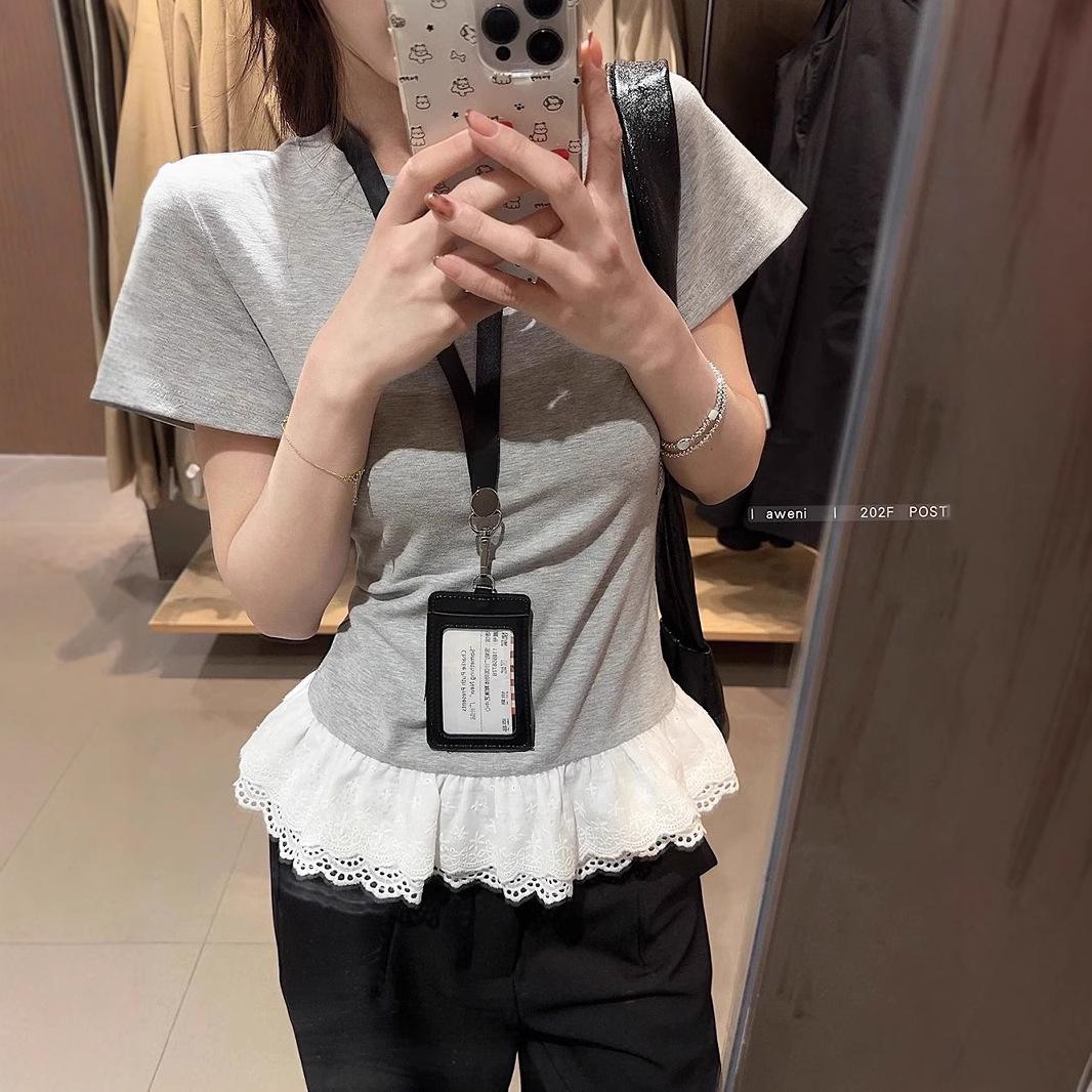

Women s Spring 2025 Lace Patchwork Short Sleeve Slimming Round Neck T-Shirt S