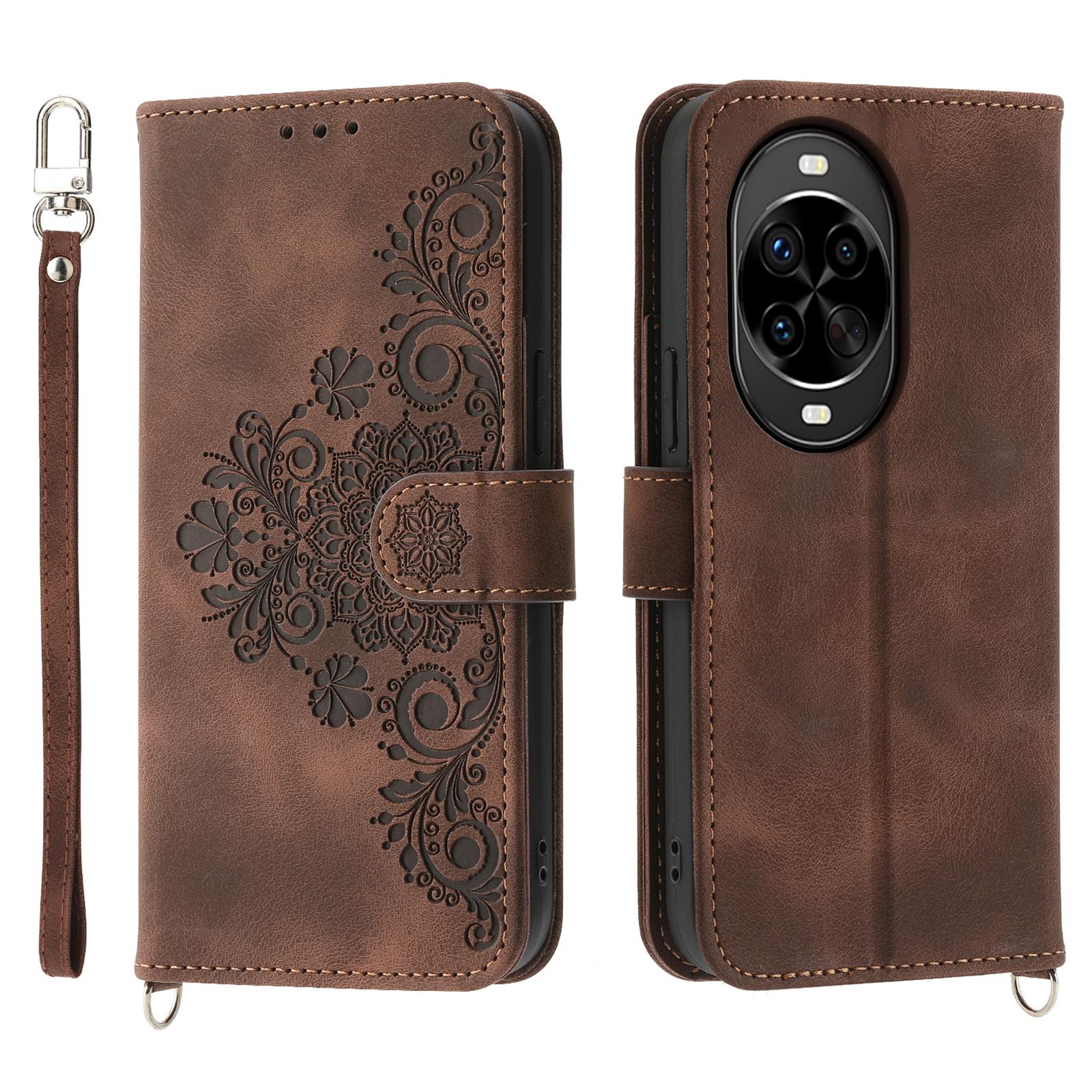 

For Huawei nova 14 Pro 5G Case Flower Pattern PU Leather Wallet Phone Cover with Strap Brown