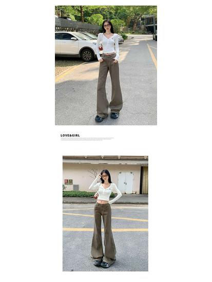 Unisex Retro American High-Street Brown & Green Wide-Leg Jeans - Spring & Autumn Casual Floor-Length Pants.
