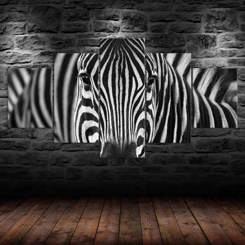 Zebra Black And White Stripes Camouflage 5 Piece Five Panel Wall Canvas Print Modern Poster Pictures Home Decor Gift For Him For Her