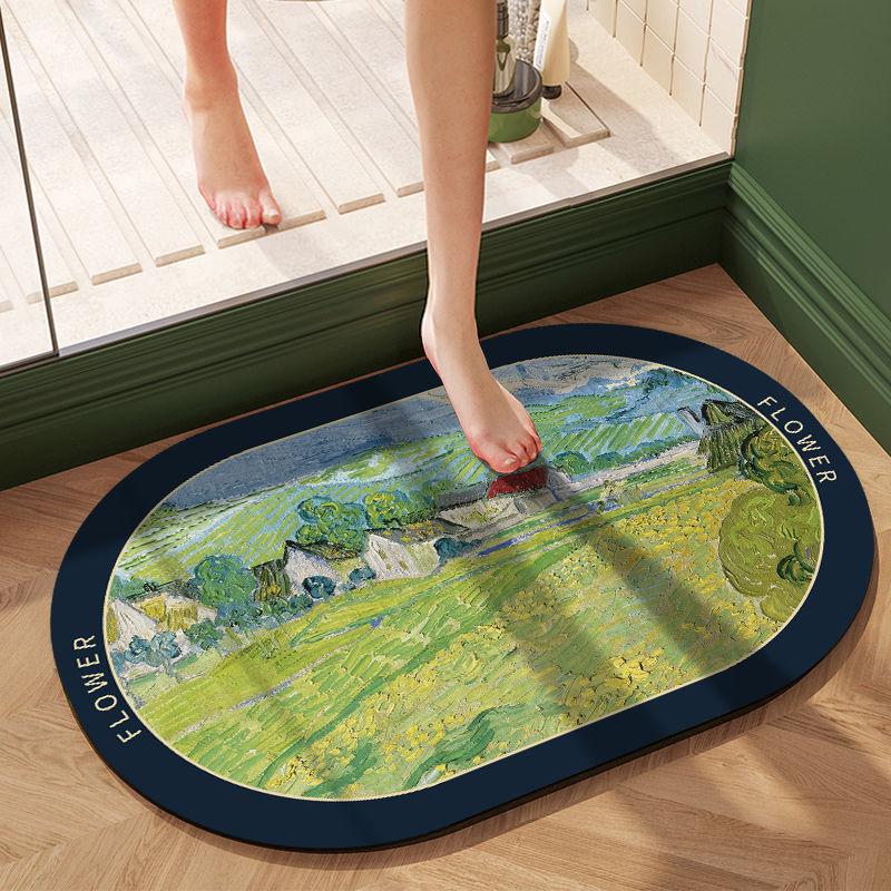 Garden Flowers Soft Diatom Mud Mat Toilet Washroom Slip-resistant Mat Oil Painting Restroom Moisture-wicking Foot Mat