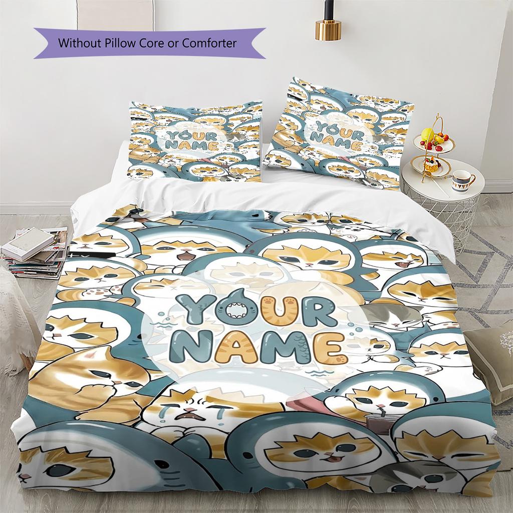 Penguin Cats Adventure Custom Name Pattern Bedding Quilt Set Quilt Cover Pillowcase Home Birthday Gift(1 * Duvet Cover + 2 * Pillowcase, Without Core)
