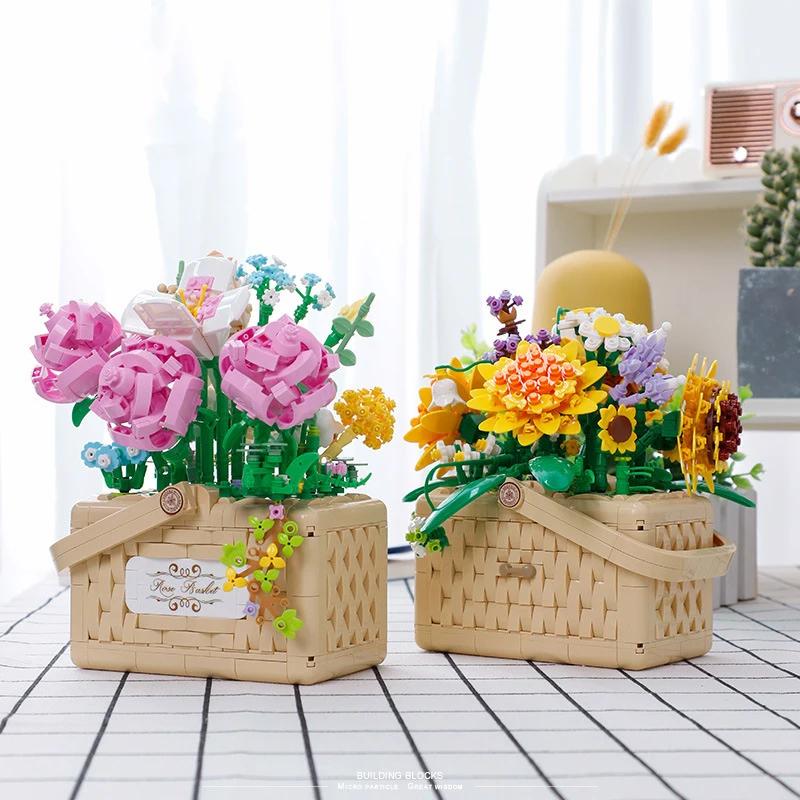 Rose Flower Basket Bouquet Building Kit Bonsai Sunflowers Building Blocks Set Blossoms Moc Bricks Puzzle Kids Toys Girls Gifts
