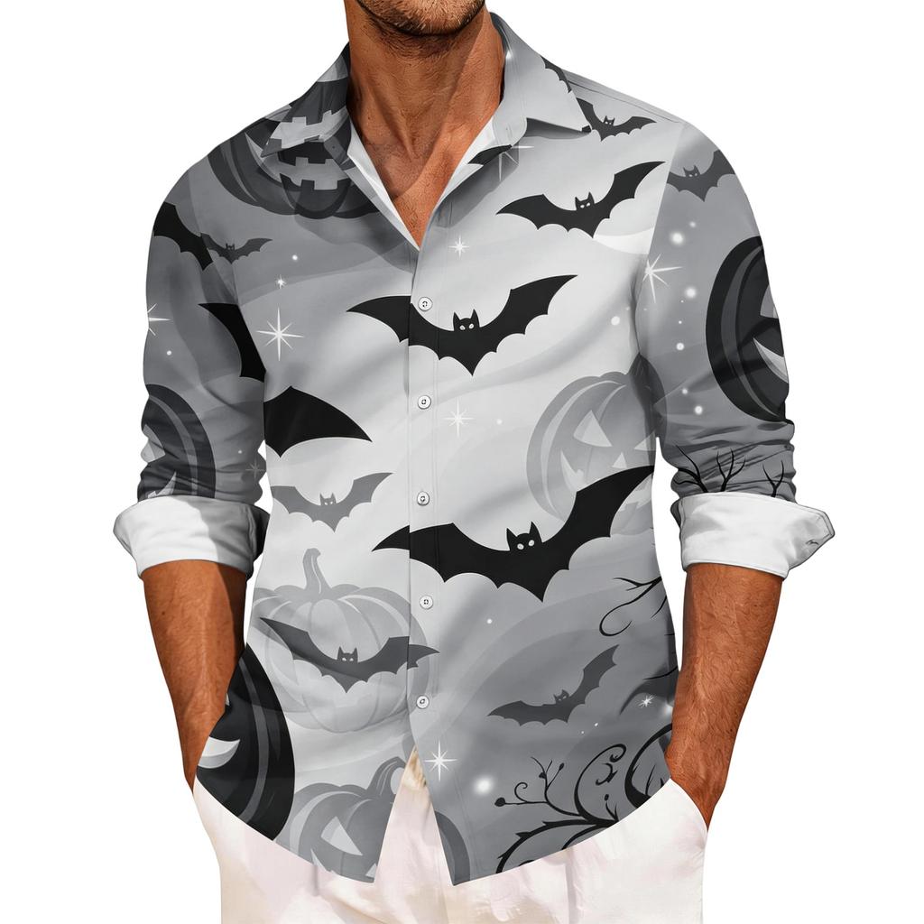 Men's Casual Long Sleeve Halloween Print Button Down Shirt Relaxed Fit Lightweight Breathable Fabric Comfortable Daily Wear