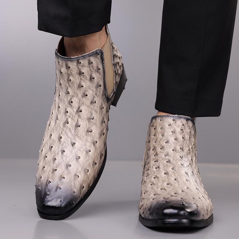 Retro Embroidered Ostrich Pattern Men's Mid-Calf Square Toe Knight Boots, Plus Size 38-48