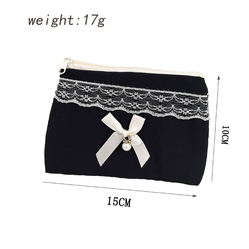 Black Women's Makeup Storage Pouch with Quilted Padding Bow Decoration Zipper Cute Female Cosmetic Coin Purse Case Bags