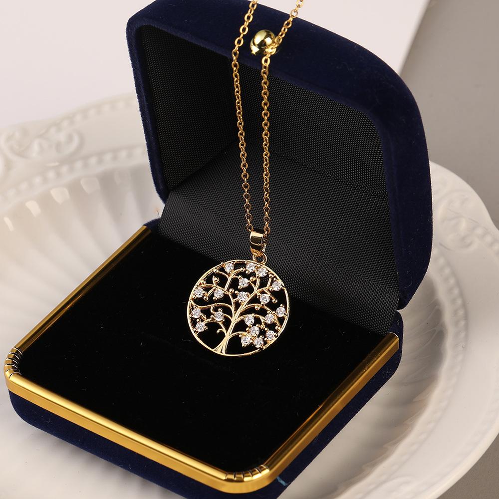 Colorful Zircon Hollow Heart Shape Tree of Life Pendant Necklace with Tassel Design Women's Jewelry