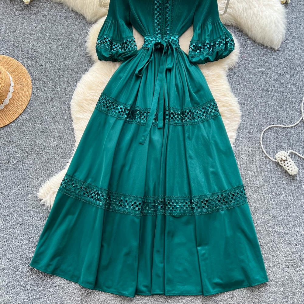 High-End Heavywork Lacing Paillette-Panel Waist-Banding Lantern Sleeve Maxi Dress for Women Autumn Charming Long Women Dress