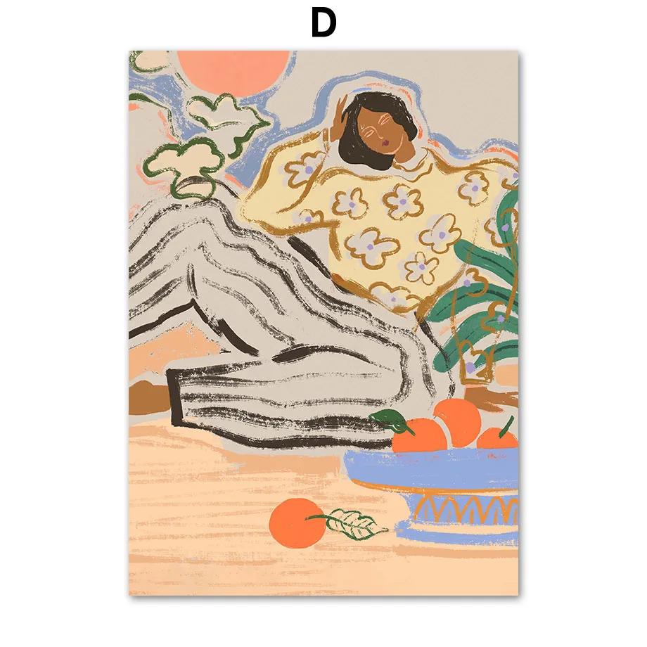 Abstract Lazy Woman Dance Flower Lemon Papaya Fruits Wall Art Print Canvas Painting Nordic Poster Pictures For Living Room Decor