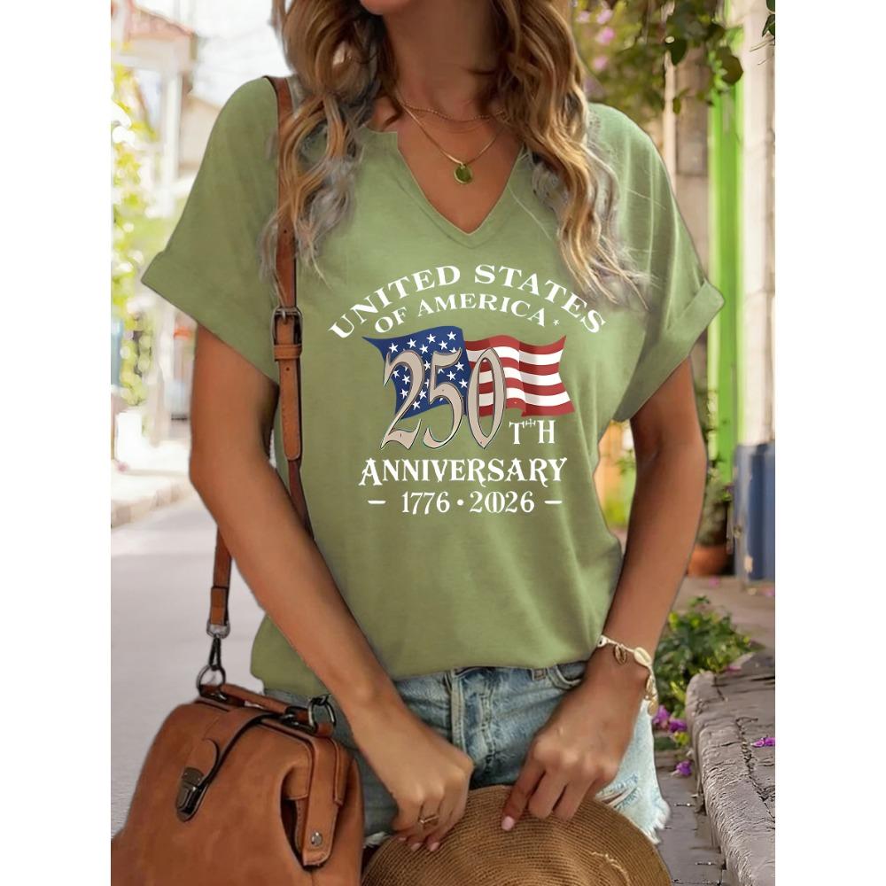 Women's V-Neck "USA 250th Anniversary 1776-2026" Graphic Tee, American Flag Print T-Shirt, Casual Patriotic Short Sleeve Top