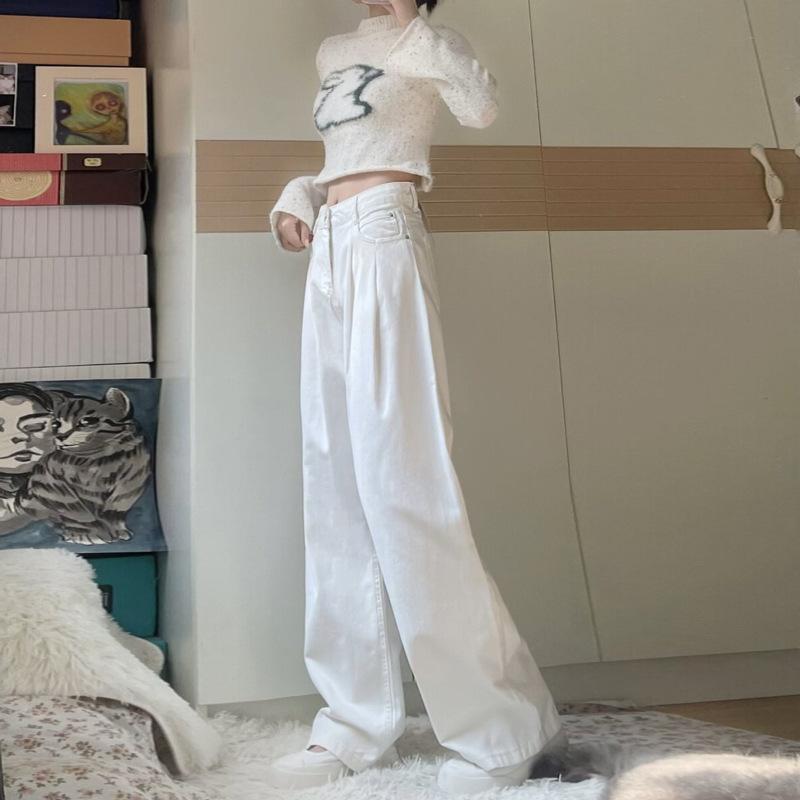 Spring New Small White Straight Jeans Women's Loose High Waist Skinny Versatile Wide Leg Pants