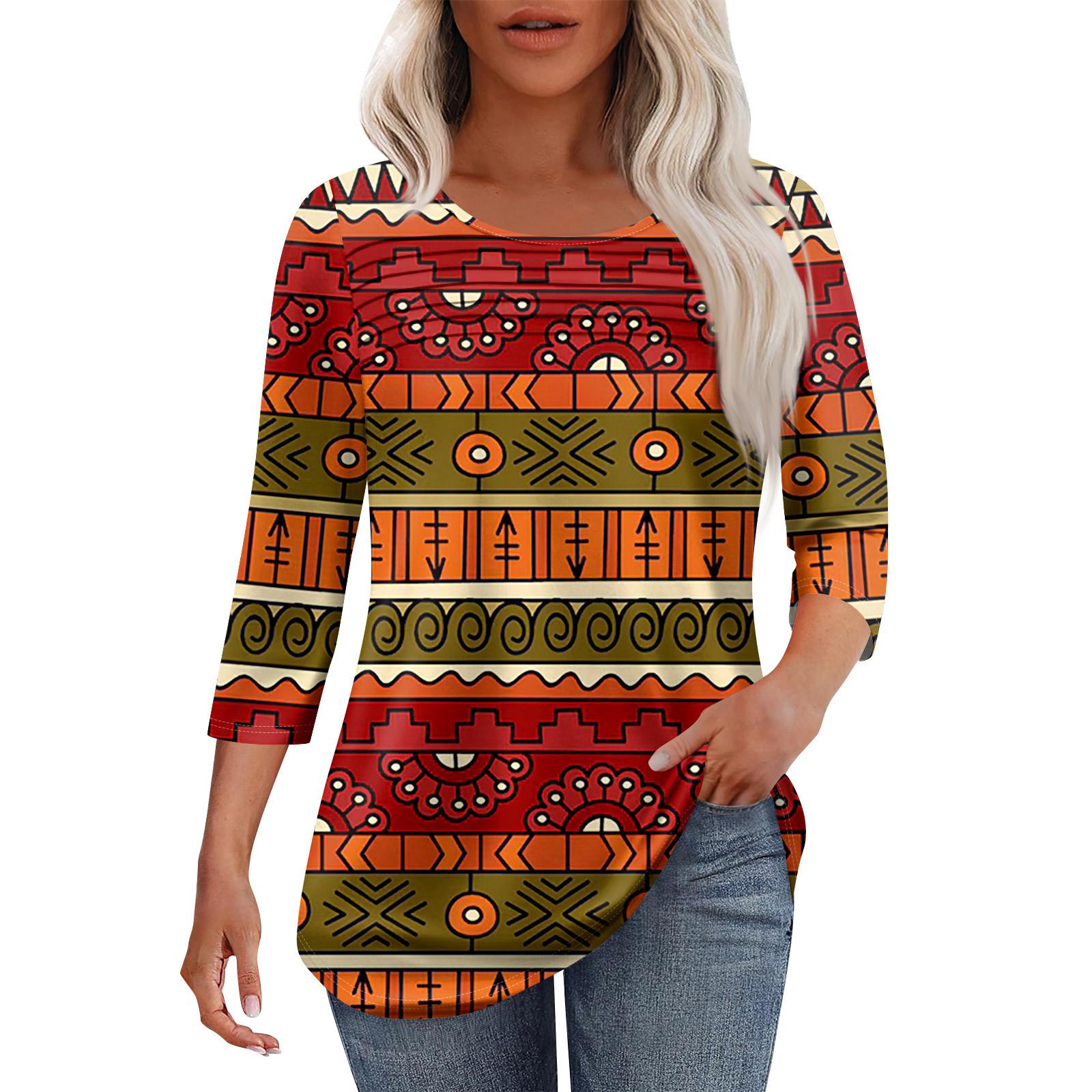 

Женская мода круглый вырез шея плиссированная передняя планка с принтом рукав 3/4 топ XL красный