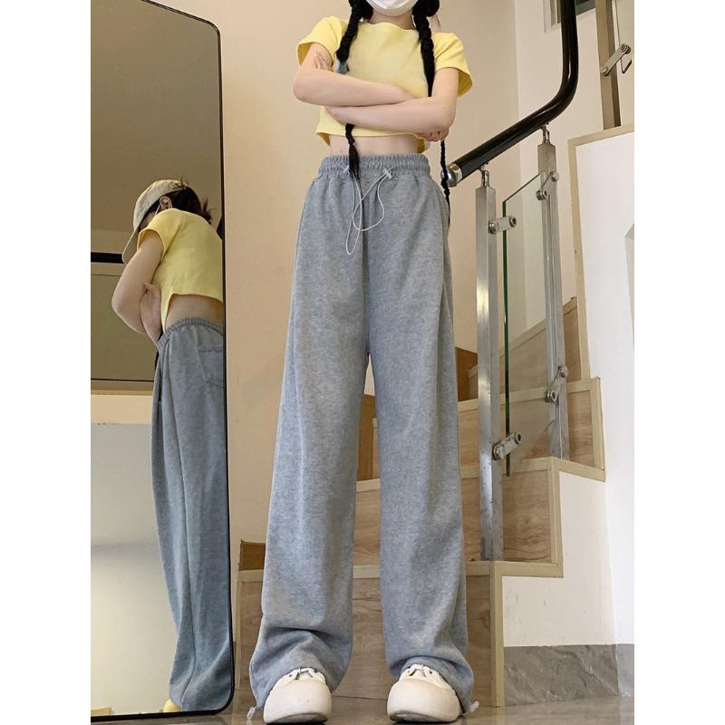 

Прямые повседневные брюки больших размеров, женские весенне-летние свободные брюки с широкими штанинами и высокой талией, спортивные штаны на шнурке 2XL светло-серый