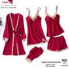 Women's Sexy Spring & Autumn Silk Pajamas 5-Piece Set: Thin Summer Ice Silk Nightdress & Robe with Chest Pad.