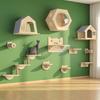 Wooden Wall-Mounted Cat Activity Centre with Scratching Board Hammock and Climbing Stairs Pet Climbing Play Furniture
