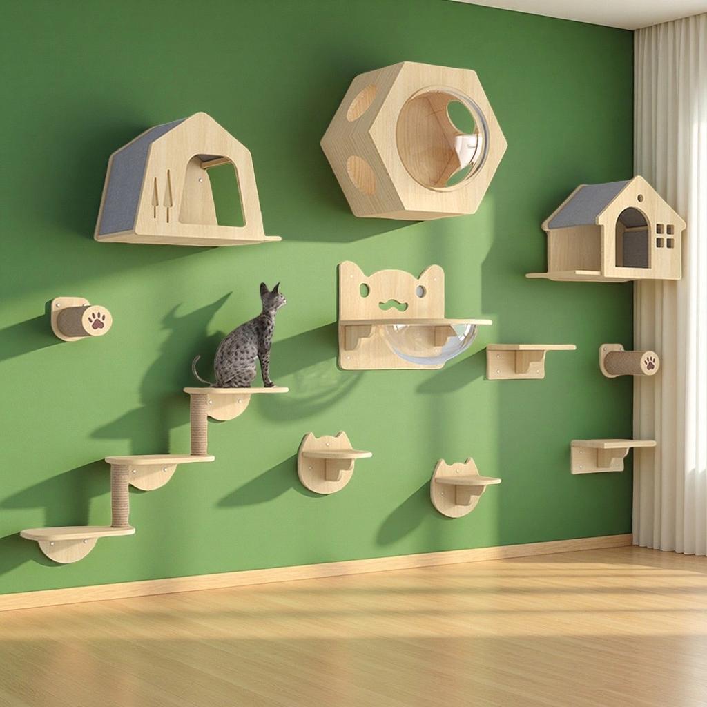 Wooden Wall-Mounted Cat Activity Centre with Scratching Board Hammock and Climbing Stairs Pet Climbing Play Furniture