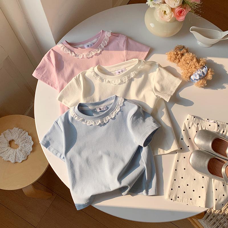 Girls' Casual Lace-edged Short-sleeved T-shirt For Summer, Children's Cute Top