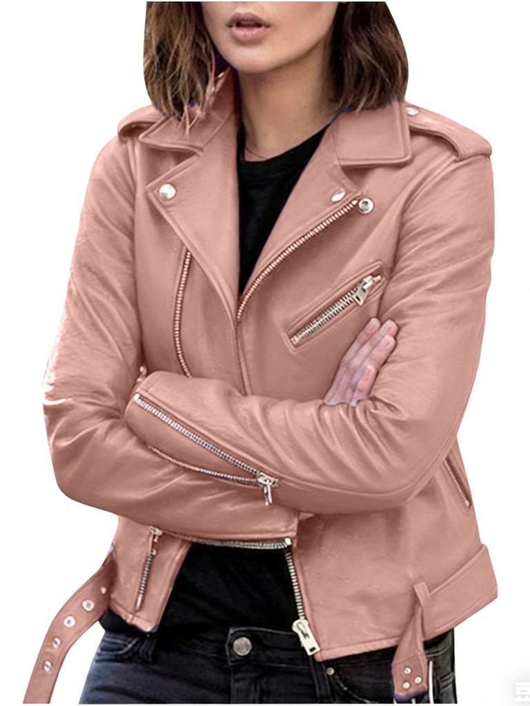 2023 Women's Slim Fit PU Leather Motorcycle Jacket - Short, Korean Style for Spring, Autumn, and Winter