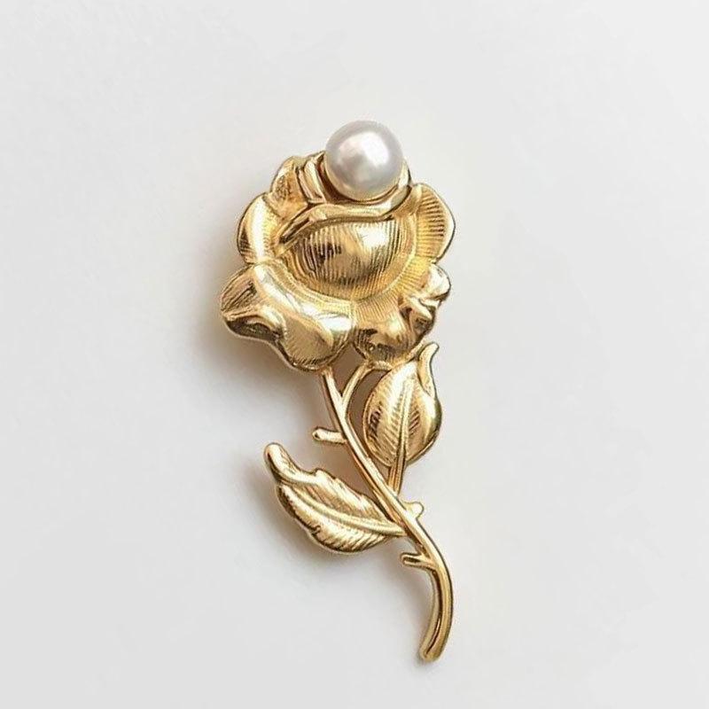 Light Luxury Retro Gold And Silver Rose Pearl Chest Men And Women Niche High-End Corsage Suit Pin Accessories
