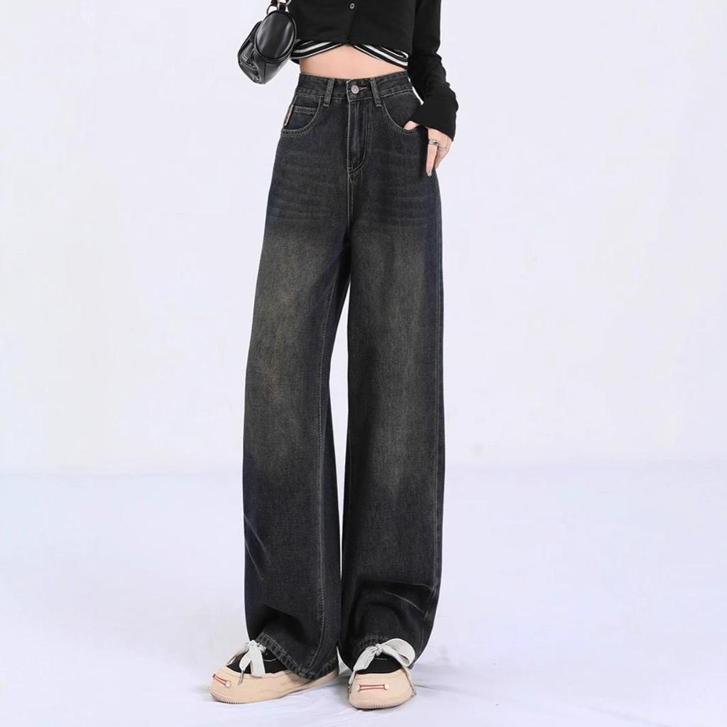 Women's Plus Size Retro Wide Leg Washed Jeans with Zipper