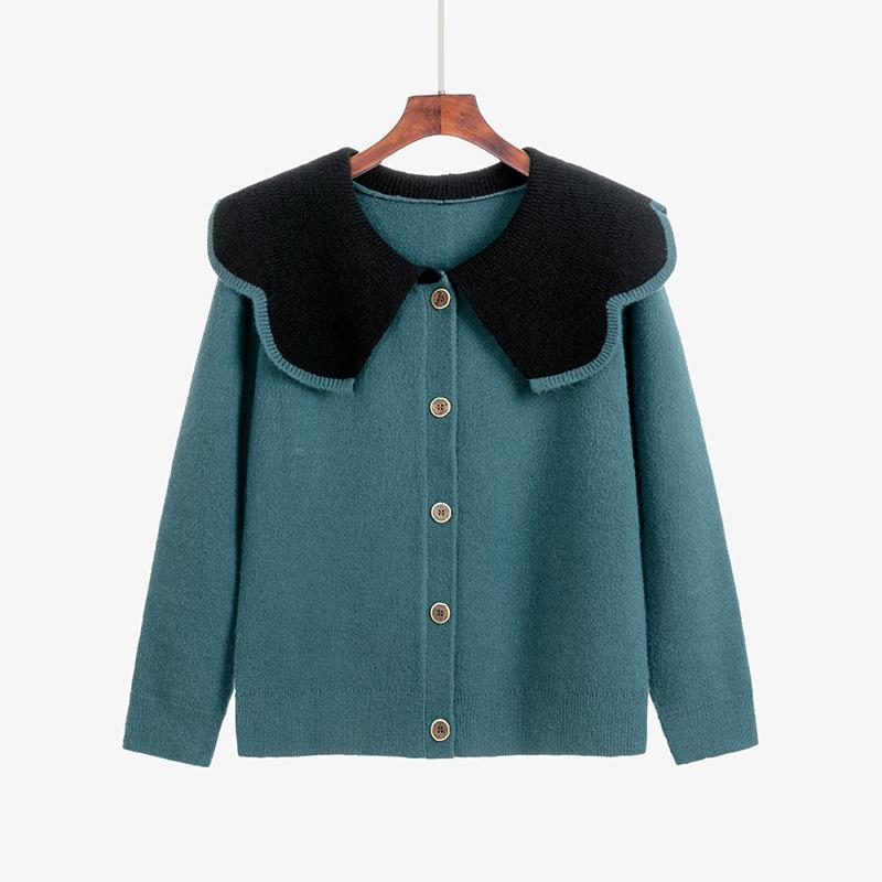 

Плюс Размер Женский Милый Возрастной Уменьшающий Кукольный Воротник Осень Свободный Вязаный Кардиган Свитер XXXL озеро синий